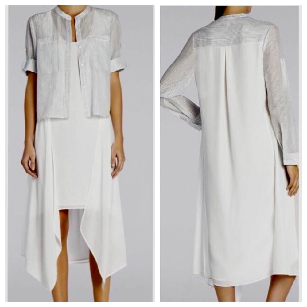 NWT BCBG MaxAzria Runway Silk Marine Asymmetrical Layered Talc Shirt Sheer Dress